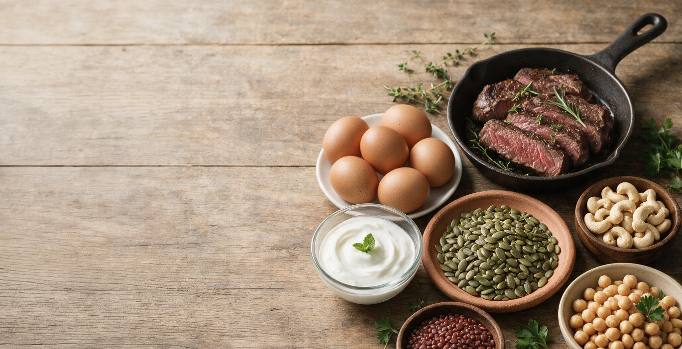 Zinc-rich foods including grass-fed beef, eggs, pumpkin seeds, lentils, chickpeas, cashews, and yogurt